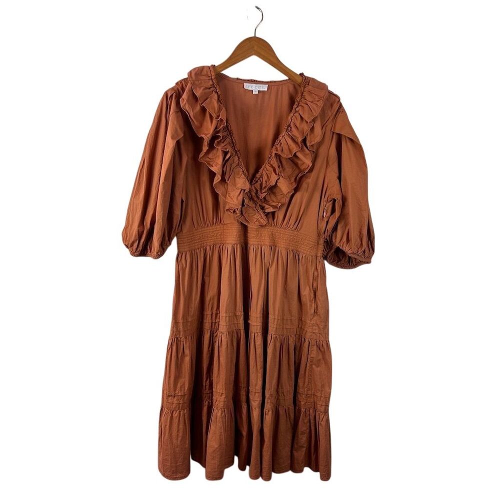 Ivy City Co Women's 2XL Brown Ruffle Tiered Midi Dress Long Sleeve
